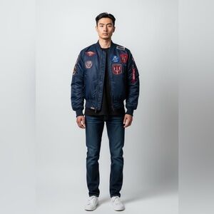Top Gun Men's Navy Bomber Jacket with Patches XL